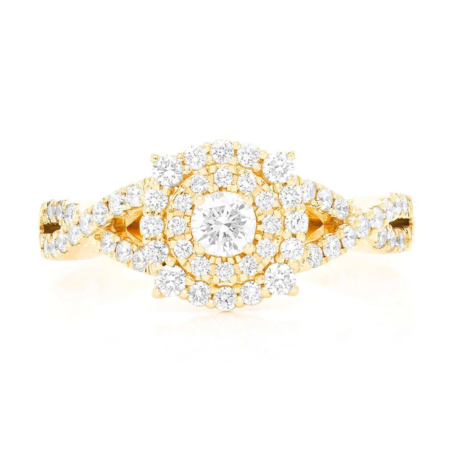 Split Shank Unique Halo Diamond Engagement Ring in 14K yellow gold, front view