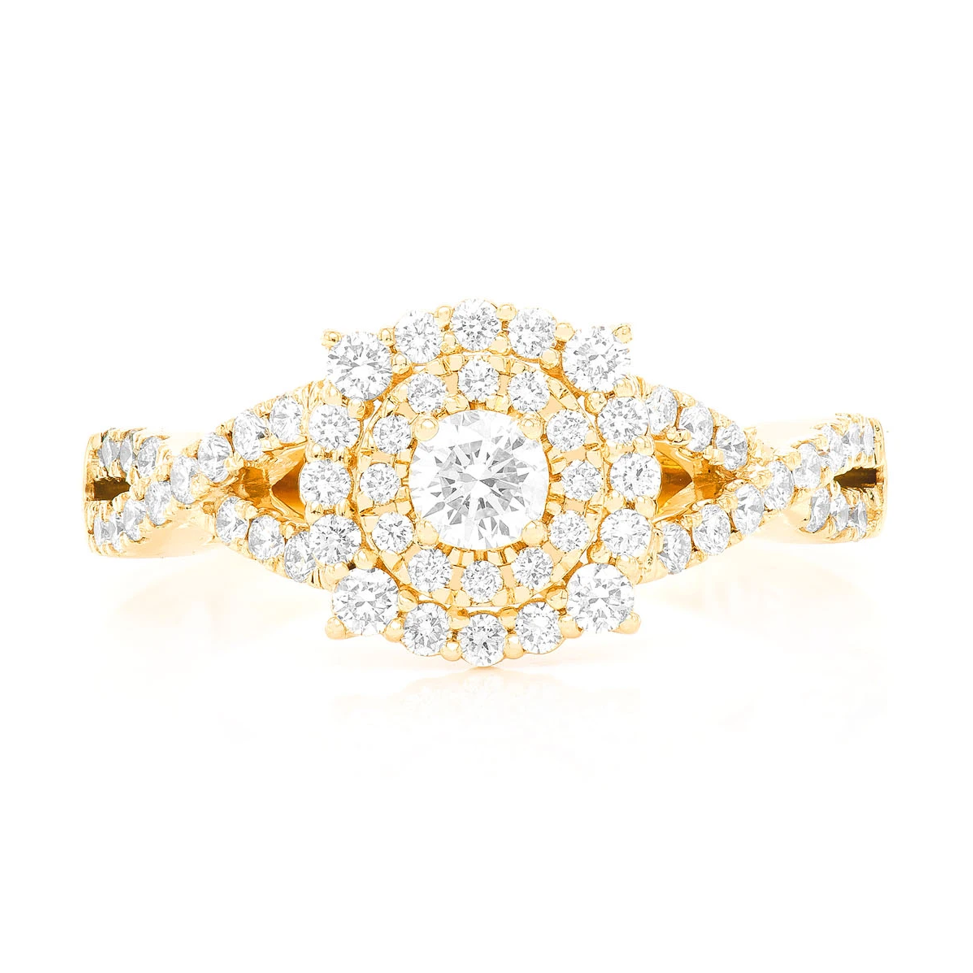Split Shank Unique Halo Diamond Engagement Ring in 14K yellow gold, front view