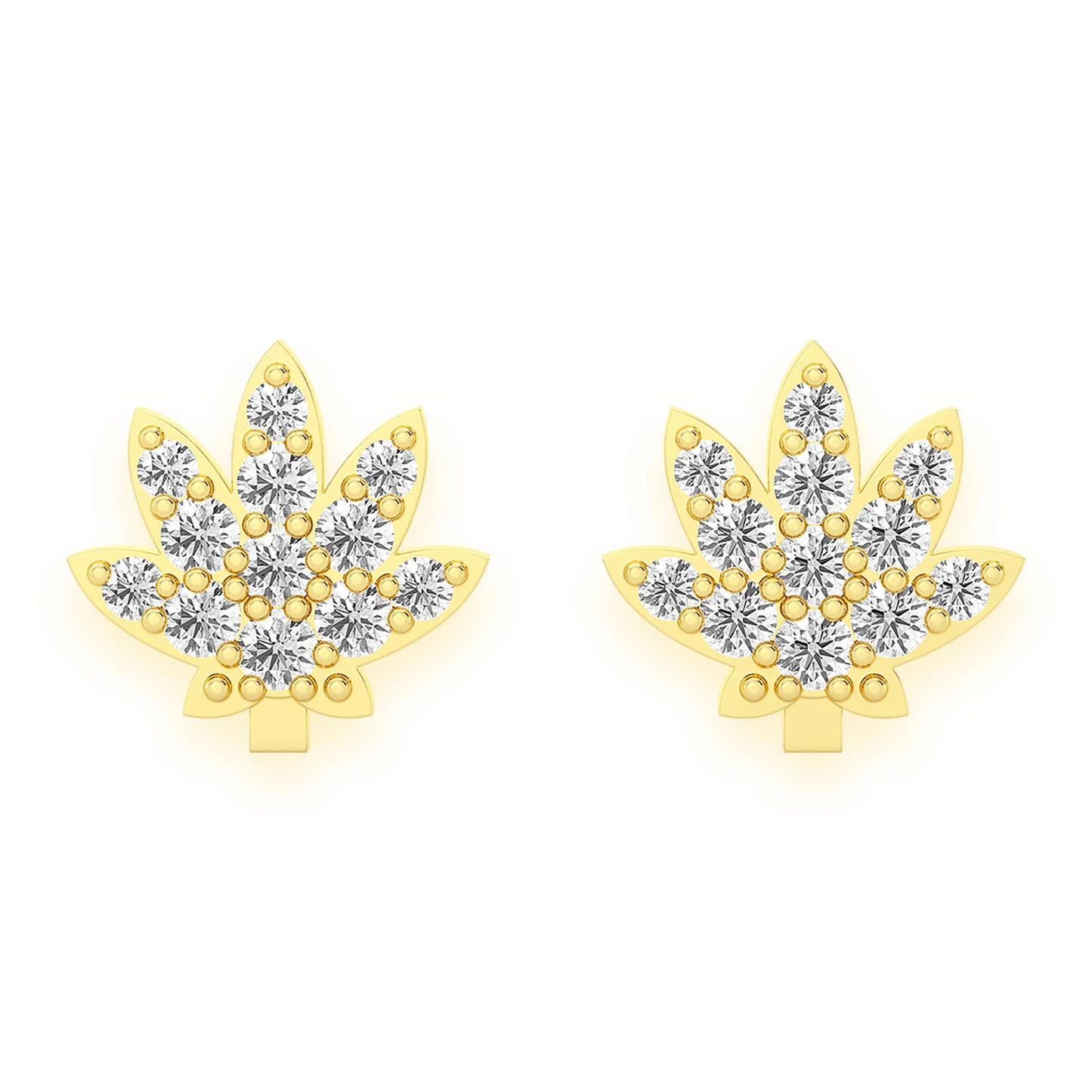 Cannabis Leaf Diamond Studs in 14K yellow gold, Mini, front view