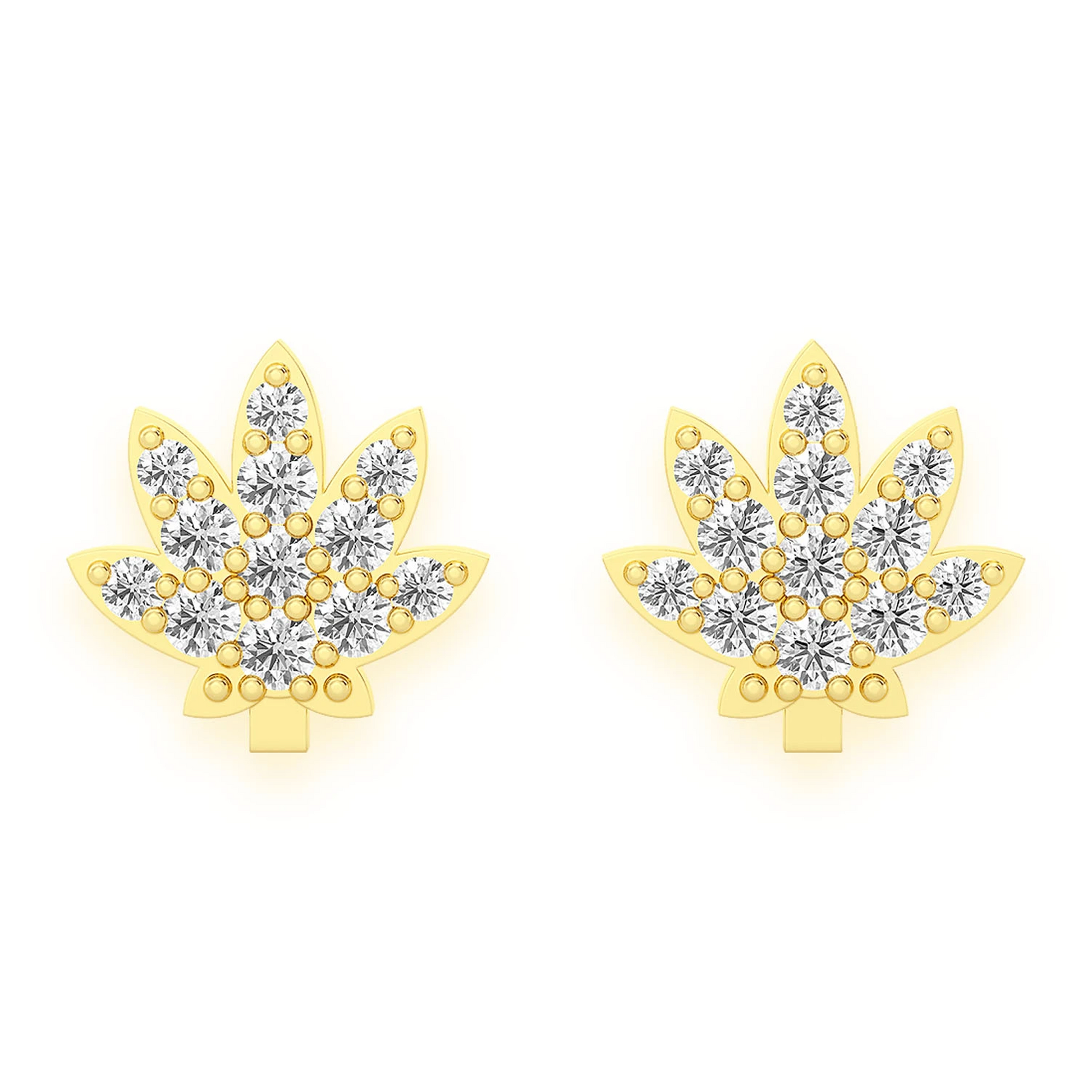 Cannabis Leaf Diamond Studs in 14K yellow gold, Mini, front view