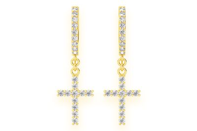 Cross Dangling Hoop Diamond Earrings 14k Solid Gold 0.40ctw