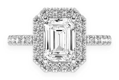 Thav - 1.00ct Emerald Solitaire - Scallop Halo One Row - Diamond Engagement Ring - All Natural Vs Diamonds