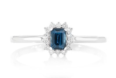 0.30ct Sapphire Emerald Shape & Diamond Halo Engagement Ring 14k Solid Gold 0.40ctw