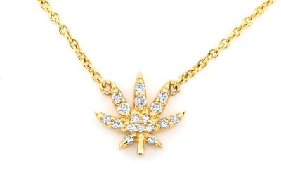 Weed Leaf Diamond Pendant 14k Sold Gold 0.10ctw W/ Necklace Connected