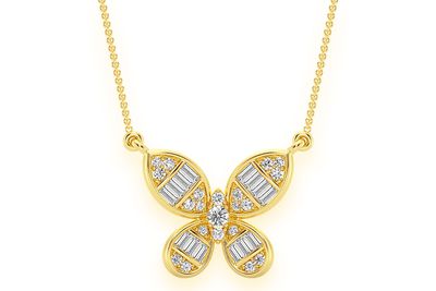  Butterfly Baguette Diamond Necklace Connected 14k Solid Gold 0.33ctw