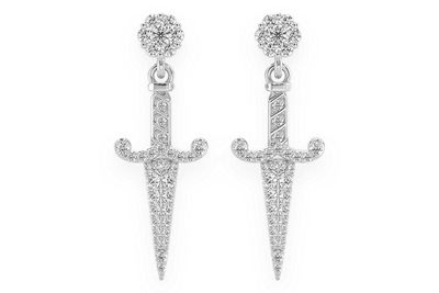 Ancient Sword Dangling Diamond Earrings 14k Solid Gold 0.70ctw