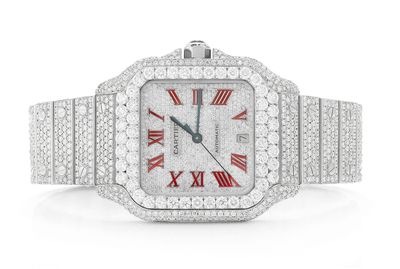 Cartier Santos De Cartier Steel 40MM (4072) - 20.50ctw Fully Iced Out - Custom Red Enamel Pave Dial