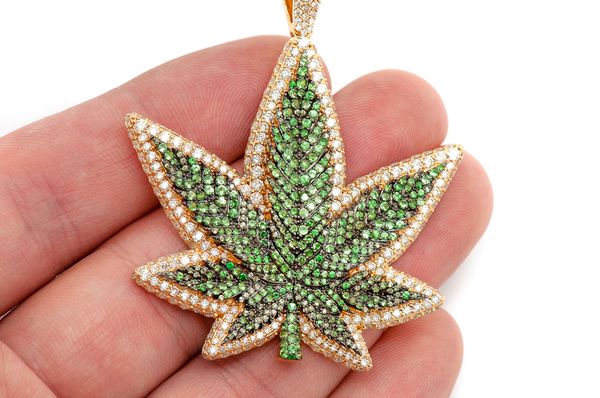 Marijuana Weed Leaf Pendant Green Simulated Diamonds 14k Gold Finish Necklace 