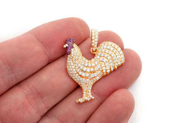 Rooster Ruby & Diamond Pendant 14k Solid Gold 2.25ctw