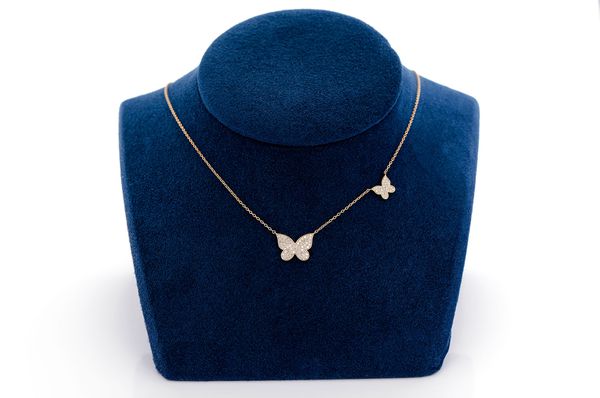 Double Butterfly Diamond Necklace 14k Solid Gold 0.37ctw