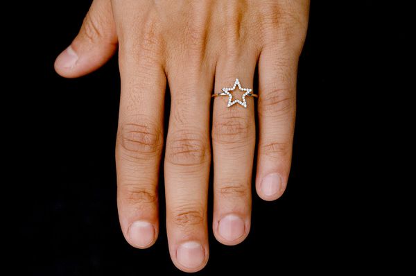 Open Star Diamond Ring 14k Solid Gold 0.15ctw