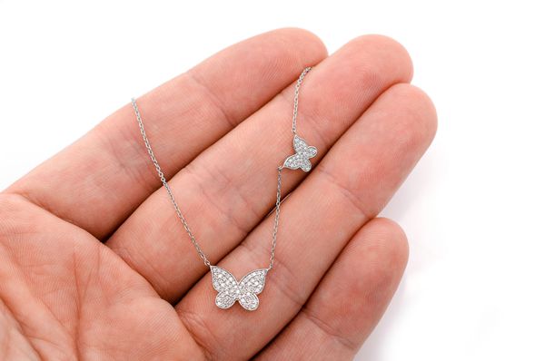 Double Butterfly Diamond Necklace 14k Solid Gold 0.37ctw