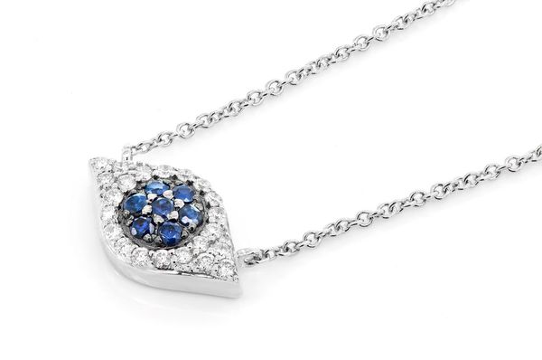 Evil Eye Sapphire & Diamond Necklace 14k Solid Gold 0.20ctw