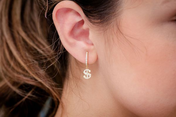 Dollar Sign Dangling Hoop Earrings 14k Solid Gold 0.65ctw