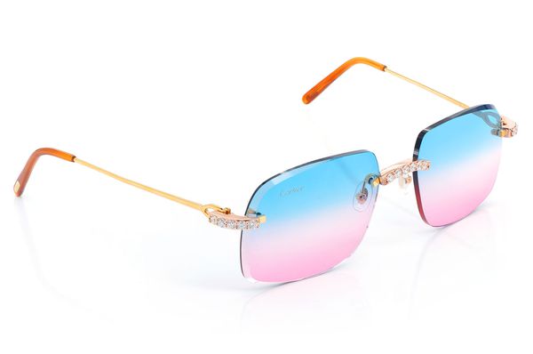 Cartier Glasses Iced Out Diamonds Rimless - Blue Pink Fade Lens - 3.00ctw - Rose Gold