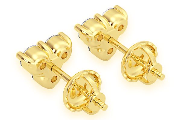 Three Stone Stud Diamond Earrings 14k Solid Gold 0.20ctw