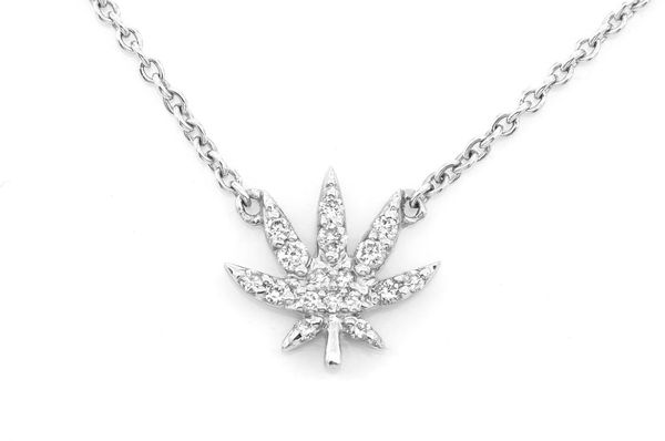 Weed Leaf Diamond Pendant 14k Sold Gold 0.10ctw W/ Necklace Connected