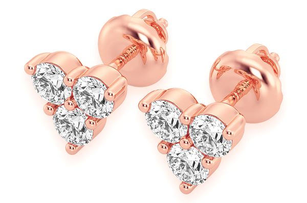 Three Stone Stud Diamond Earrings 14k Solid Gold 0.20ctw