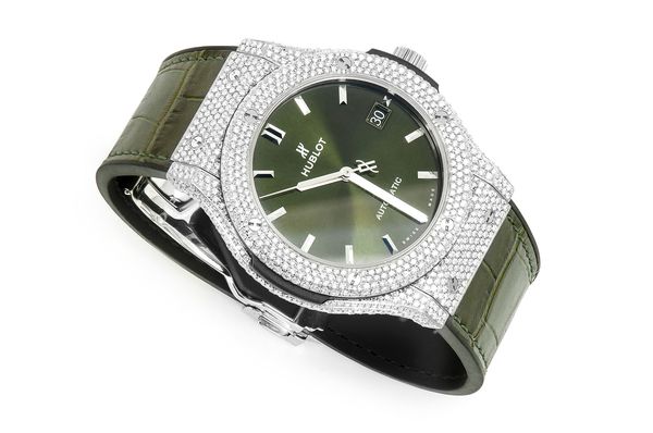 Hublot Classic Fusion Steel - 8.00ctw Fully Iced Out - Green Dial & Band