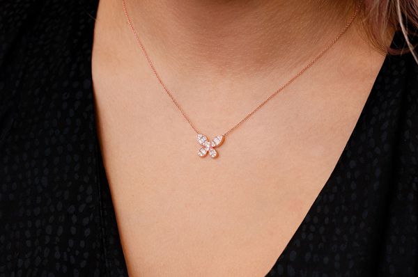  Butterfly Baguette Diamond Necklace Connected 14k Solid Gold 0.33ctw