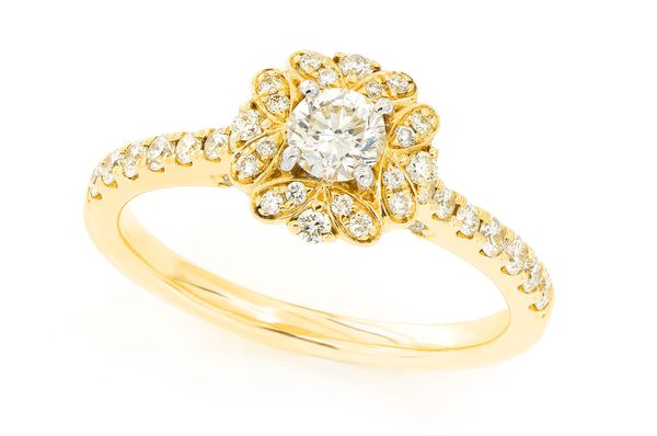 Round Floral Halo Diamond Ring 14k Solid Gold 0.75ctw