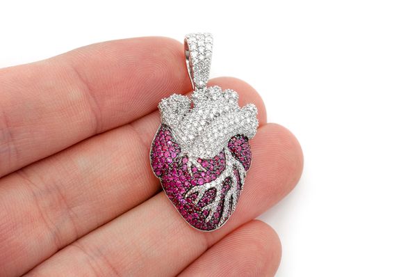 Human Heart Ruby & Diamond Pendant 14k Solid Gold 3.60ctw