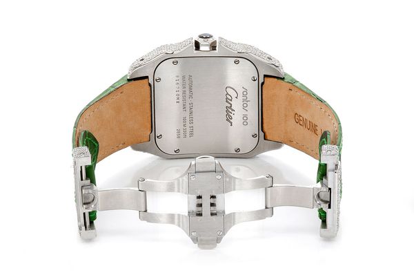 Cartier Santos De Cartier 40MM (model?) - Fully Iced Out -green Leather Band