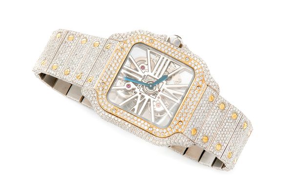 Cartier Santos De Cartier Skeleton 18k Yellow Gold & Steel 40MM - 18.50ctw Fully Iced Out