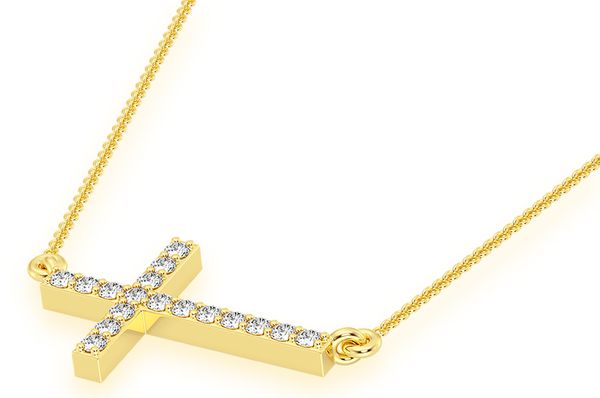 Sideways Cross Diamond Necklace Connected 14k Solid Gold 0.10ctw