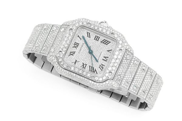 Cartier Santos 100 35MM Steel 14.25ctw - Fully Iced Out