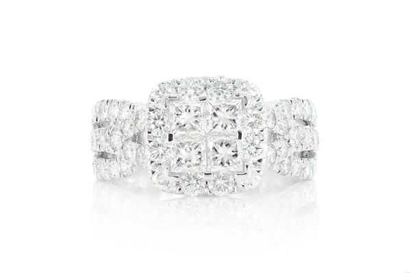 2.50ctw - Princess Quad Cluster Specialty Shank - Diamond Engagement Ring - All Natural