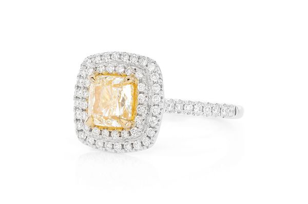 1.50ct Cushion Fancy Yellow Diamond Double Halo Diamond Ring 14k Solid Gold 