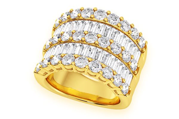 Super Three Row Round & Baguette Diamond Ring 14k Solid Gold 5.50ctw