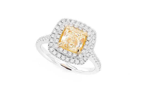 1.50ct Cushion Fancy Yellow Diamond Double Halo Diamond Ring 14k Solid Gold 