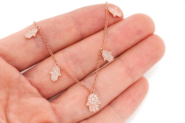 5 Hamsa Rolo Diamond Necklace Connected 14k Solid Gold 0.40ctw