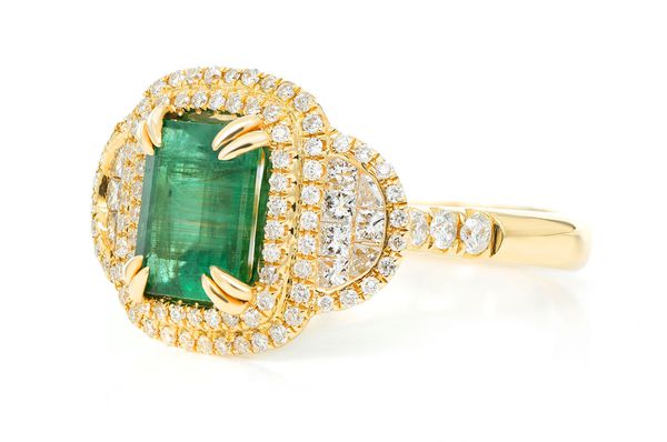Emerald Double Halo Diamond Ring 14k Solid Gold 1.00ctw
