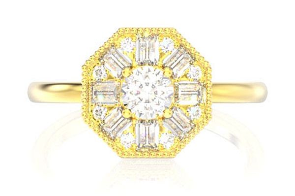 Octagon Baguette Halo Diamond Ring 14k Solid Gold 0.35ctw