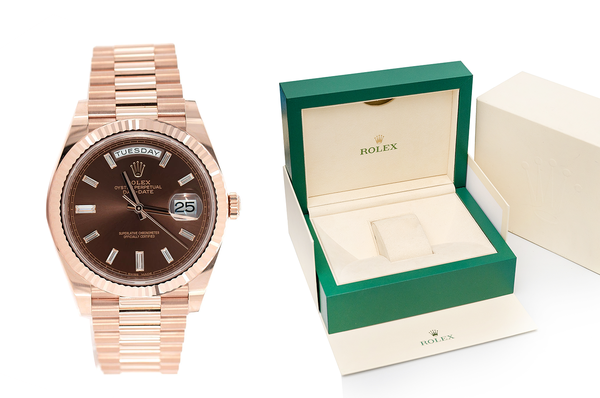 Rolex Day Date 40MM 18k Rose Gold (228235) All Factory Baguette Chocolate Dial Presidential Bracelet