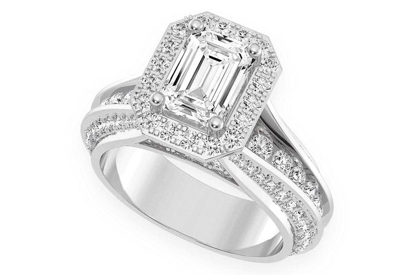 Monst - 1.00ct Emerald Solitaire - Three Row Graduated Split Halo - Diamond Engagement Ring - All Natural Vs Diamonds