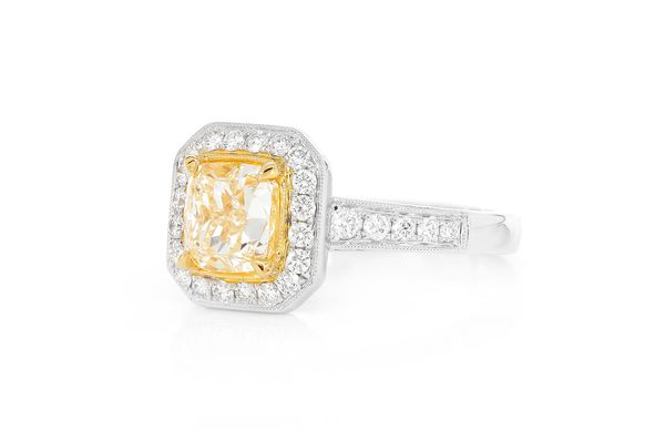 1.50ct Cushion Yellow Diamond - Millgrain Halo - Diamond Engagement Ring - All Natural