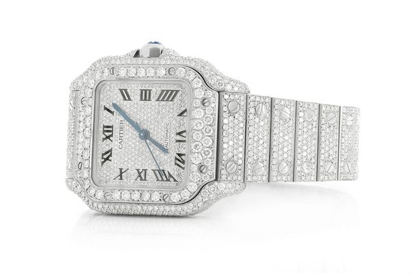 Cartier Santos 100 35MM Steel 14.25ctw - Fully Iced Out