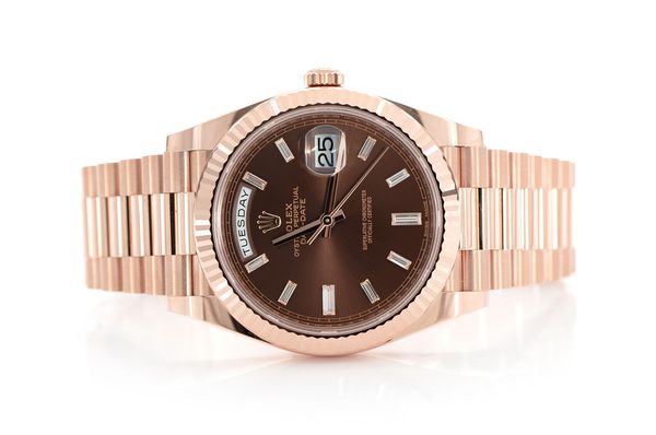 Rolex Day Date 40MM 18k Rose Gold (228235) All Factory Baguette Chocolate Dial Presidential Bracelet