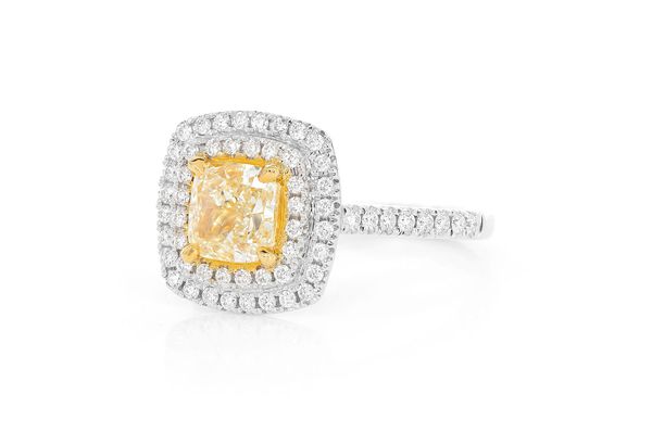2.00ct Cushion Fancy Yellow Diamond Double Halo Diamond Ring 14k Solid Gold