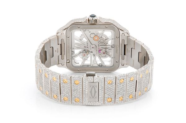 Cartier Santos De Cartier Skeleton 18k Yellow Gold & Steel 40MM - 18.50ctw Fully Iced Out