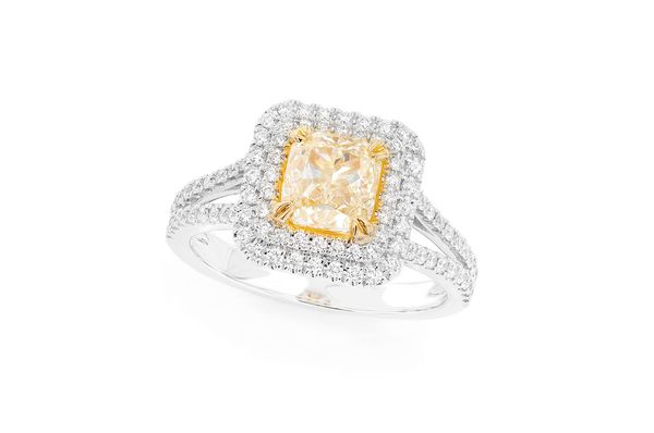 1.50ct Cushion Cut Yellow Diamond - Double Halo- Diamond Engagement Ring - All Natural