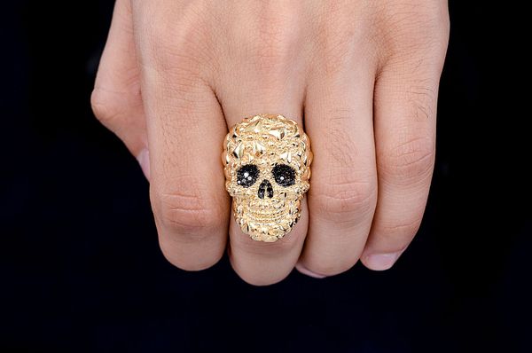 Nugget Skull Black Diamond Ring 14k Solid Gold 0.60ctw