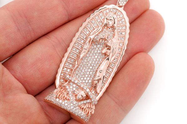 Virgin Of Guadalupe Statue Diamond Pendant 14k Solid Gold 3.20ctw