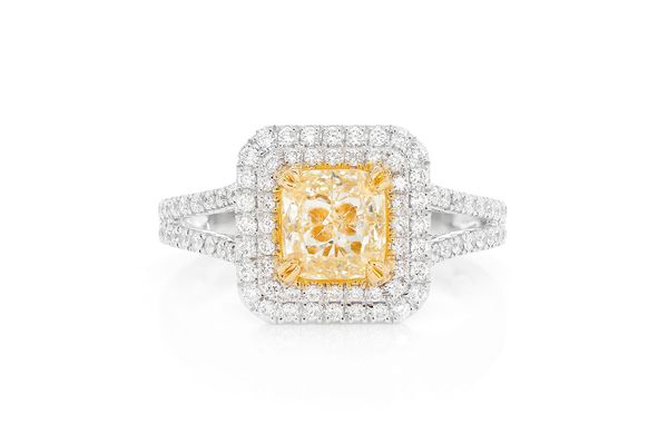 1.50ct Cushion Cut Yellow Diamond - Double Halo- Diamond Engagement Ring - All Natural