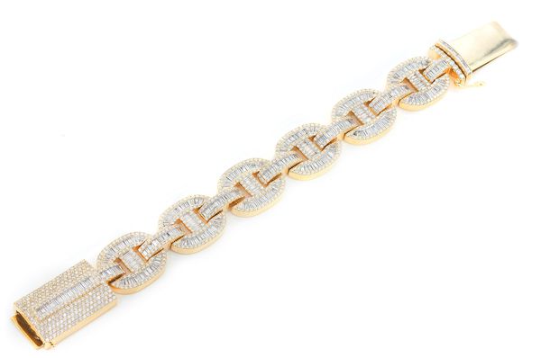 White Diamond Round and Baguette Bracelet in 14k Yellow Gold