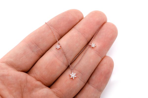 Three Star Diamond Necklace 14k Solid Gold 0.20ctw